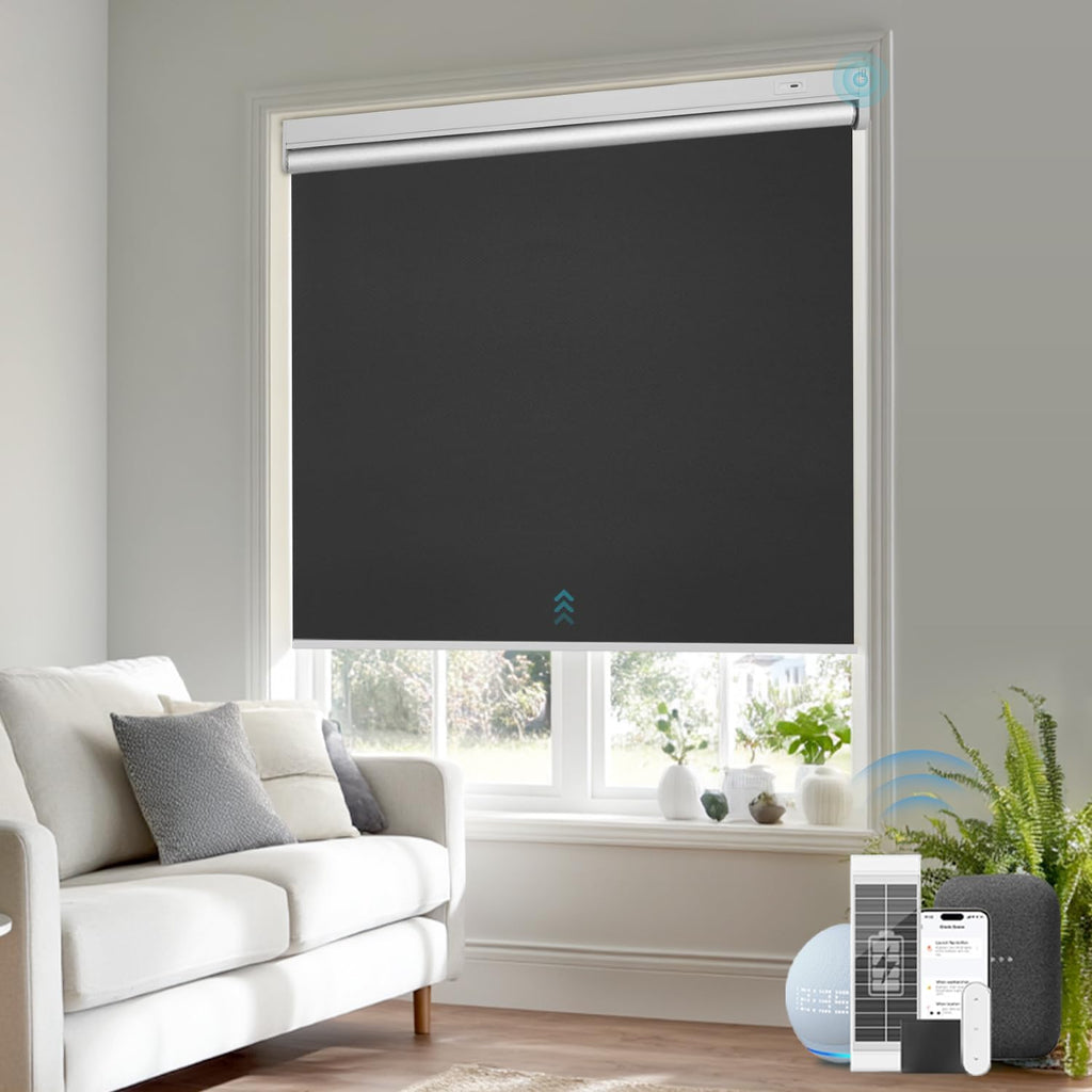 Smart Motorized Blackout Roller Blinds with Remote & Solar P - Black 20”*72”