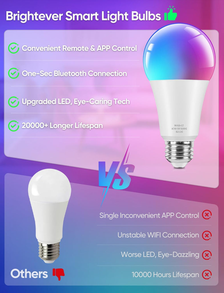 Smart A19 LED Light Bulbs, 60W Equivalent 800LM Color Changing E26 9W Bluetooth Light Bulbs with Remote Control, 16