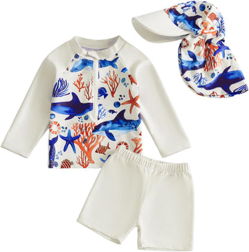 Toddlers Baby Boys' Piece Rashguard Swimsuits Sets Long Sleeve Dolphin Print Trunks Swimwear Bathing Suit with Hat