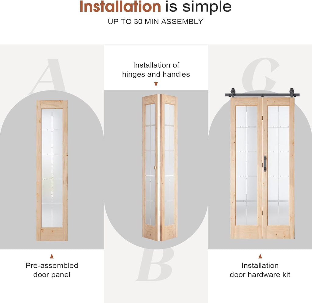 Preassembled Bifold Barn Door 30 x 84 in (Double 15x84in) with Bi-fold Door Hardware Kit, Frosted Gl
