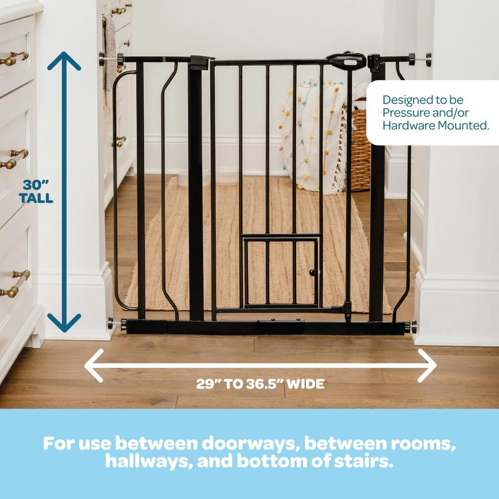29-36.5" Extra Wide Dog Gate with Small Pet Door, Walk-Through Pressure Mounted Metal Indoor Pet Safety Gate, Black