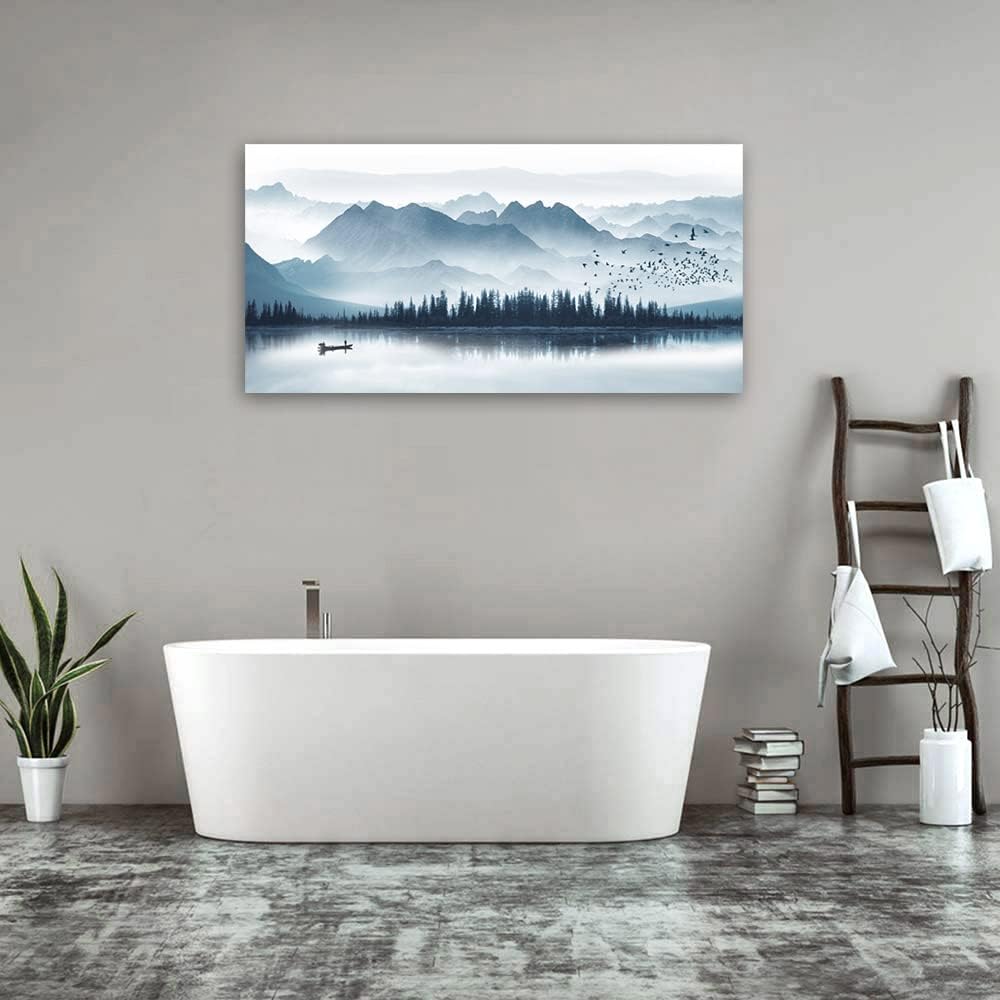 Indigo Canvas Wall Art Misty Mountain Wall Pictures Foggy Lake Boat Painting Prints Forest Birds Artwork Wall Decor