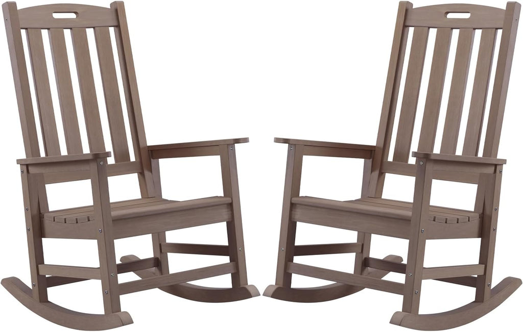 Outdoor Rocking Chairs Set of 2, Oversized Porch Rocker (Brown) | Weather Resistant Rocking Chairs with High Back