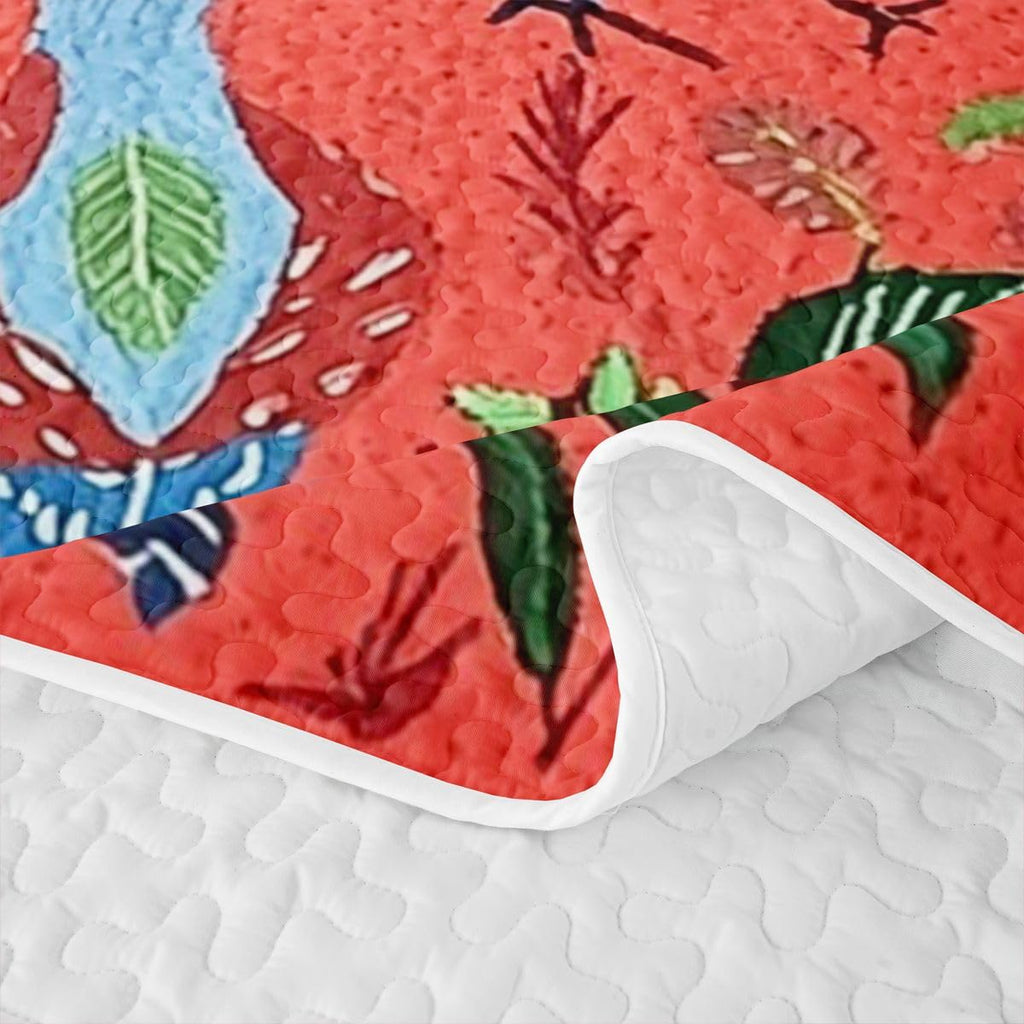 Birds Quilt Abstract Quilt Set Southwestern Leaves Plants Pattern Quilted Coverlet Breathable Natural Theme Red