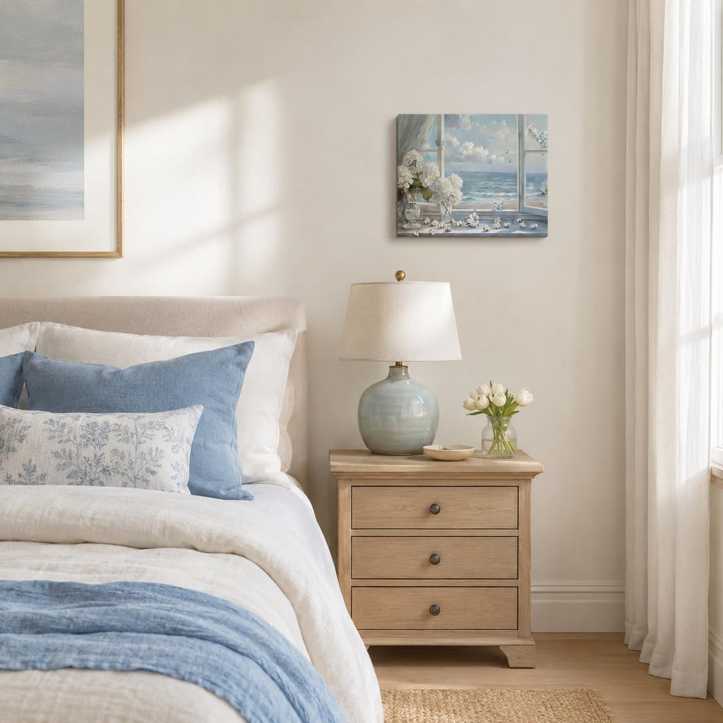 White Hydrangea & Coastal Window View Wall Art - Serene Ocean Landscape Canvas Print Decor