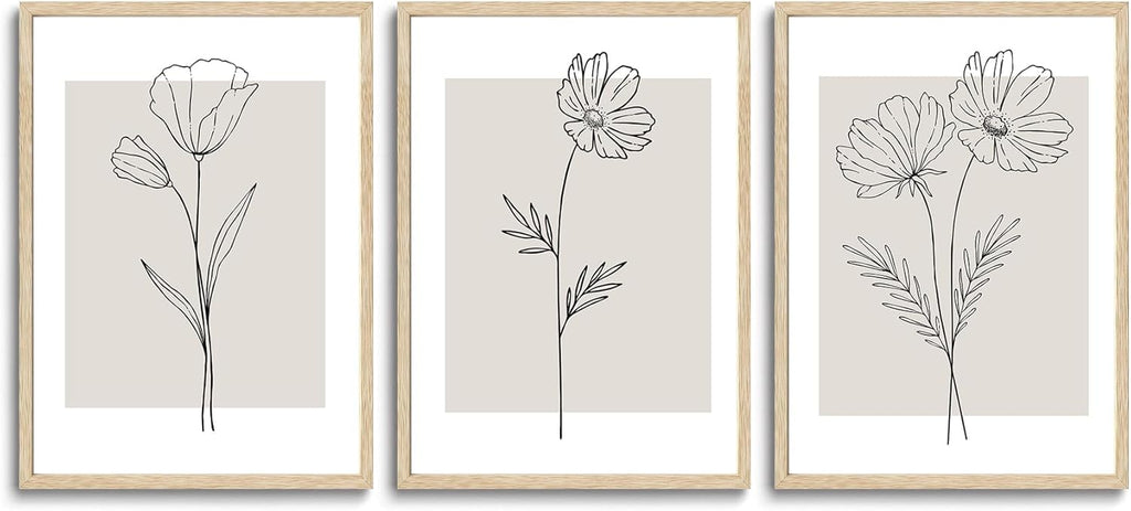3 Piece Neutral Flower Framed Wall Art Beige Minimalist Floral Canvas Art Prints Boho Botanical Line Pictures Wall