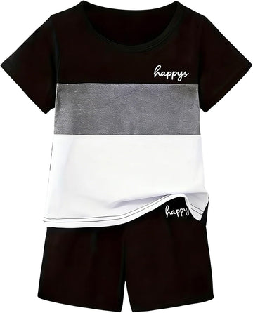 Toddler Kid Boy Clothes Colorblock Letter Graphic Tee Shorts 2PC Summer Outfit Set