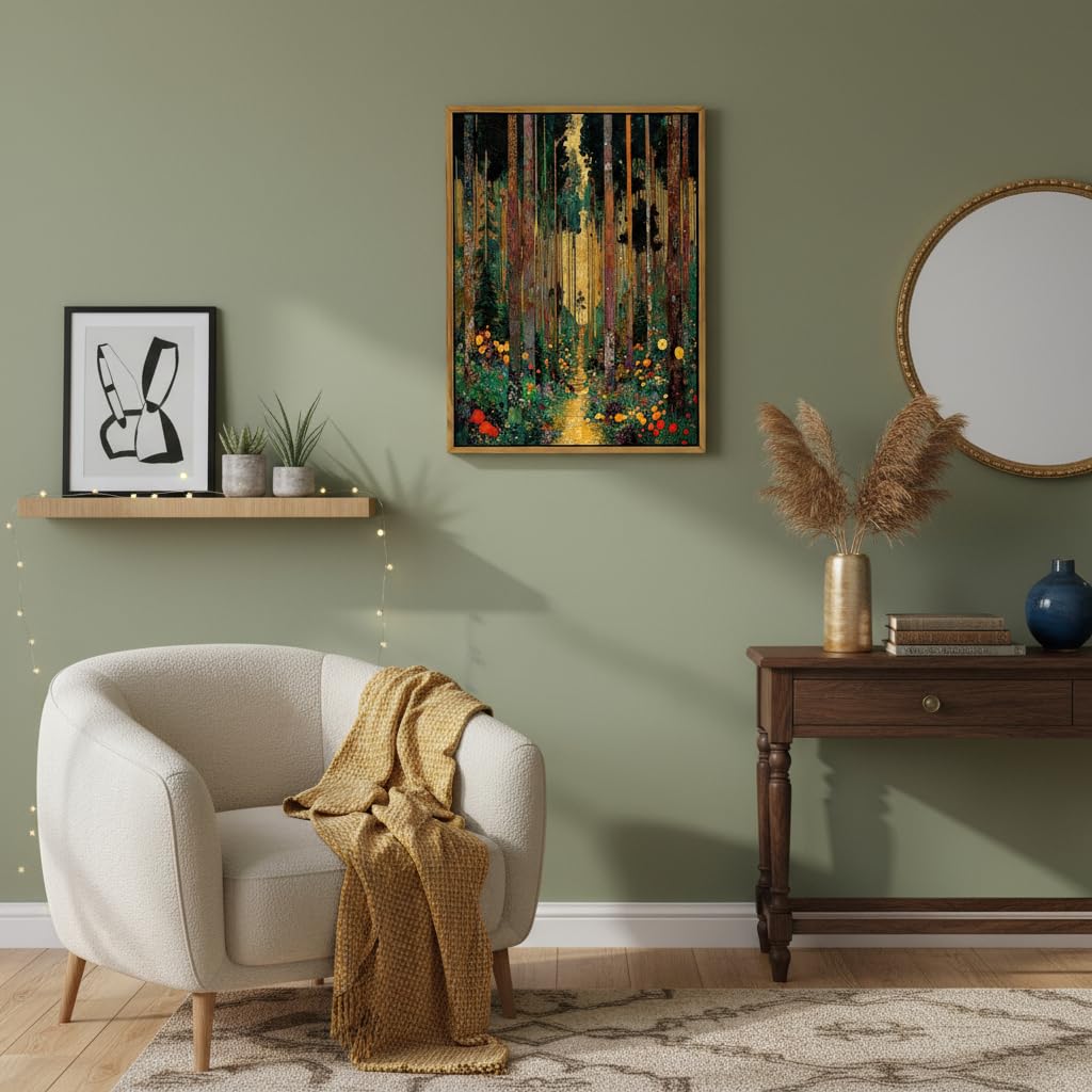 Floating Framed Gustav Klimt Forest Path Canvas Wall Art, 12x16in