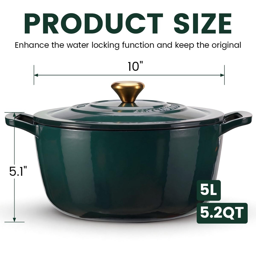 Enameled Cast Iron Dutch Oven 5 Qt with Lid, Green