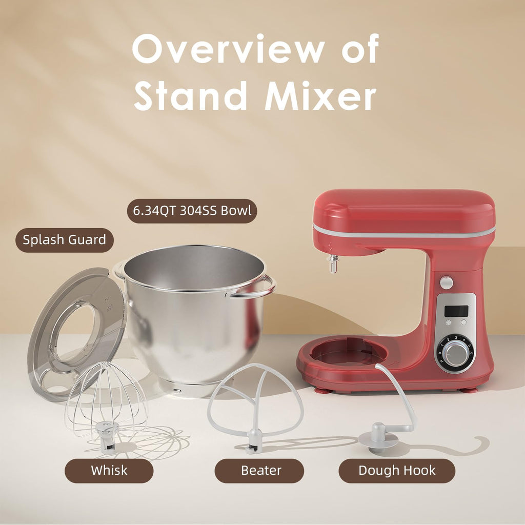 Electric Stand Mixer, 6.34QT 6-Speed Food Mixer with Timer