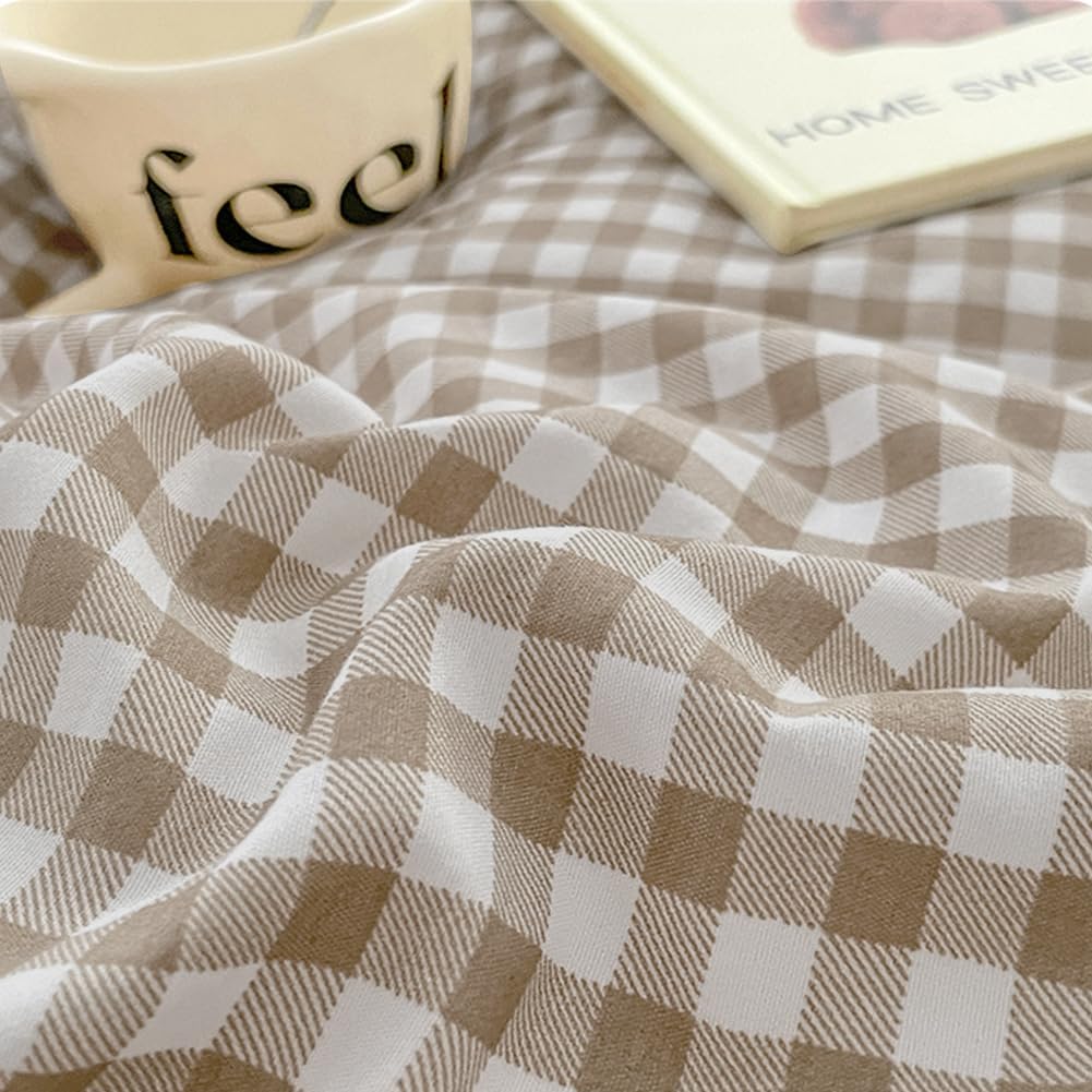 Gingham Duvet Cover Queen Brown Tan Plaid Checkered Comforter Cover Grid Farmhouse Bedding Set 3 Pcs Soft Breathable