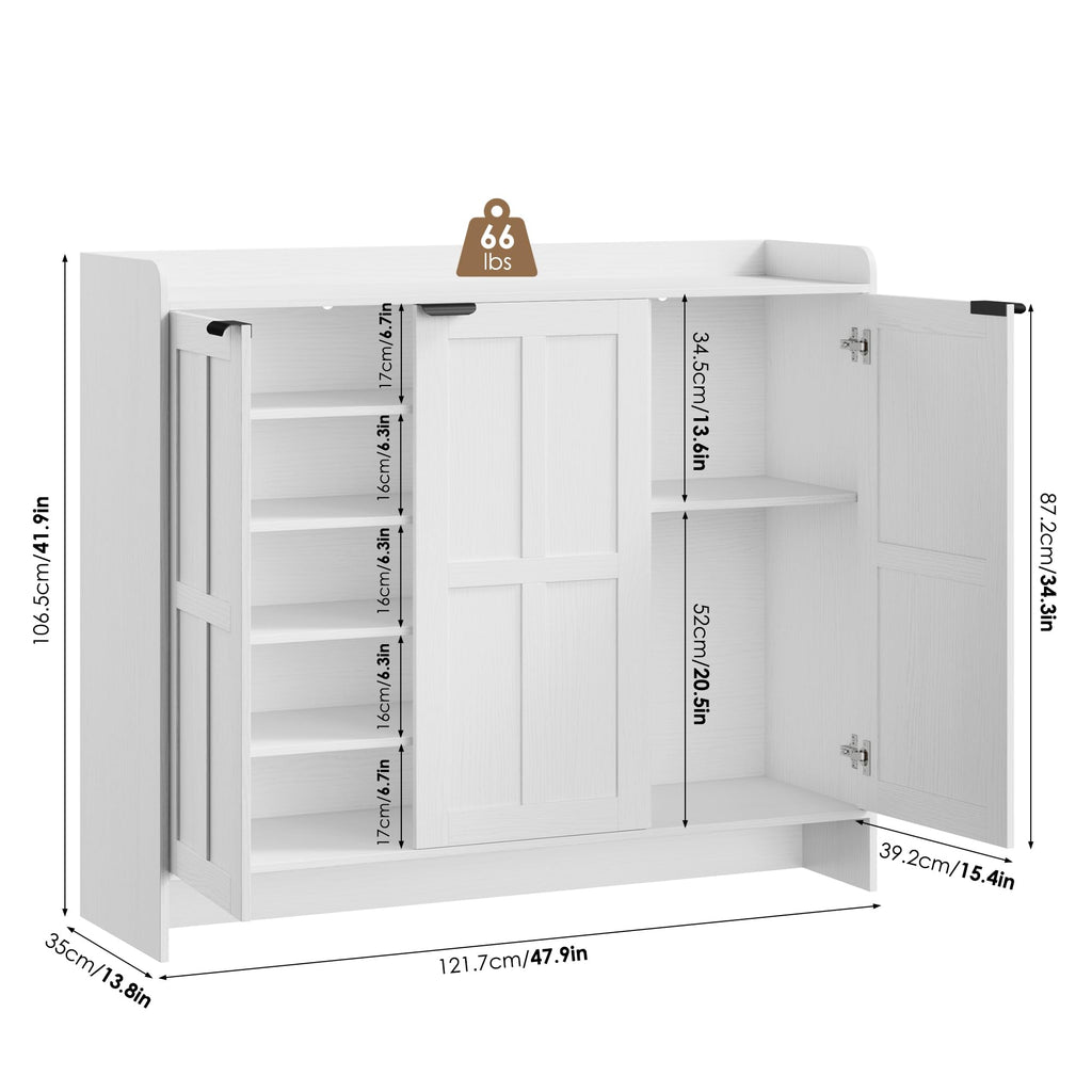 Farmhouse Shoe Cabinet with Doors, 4 Adjustable Shelves, White