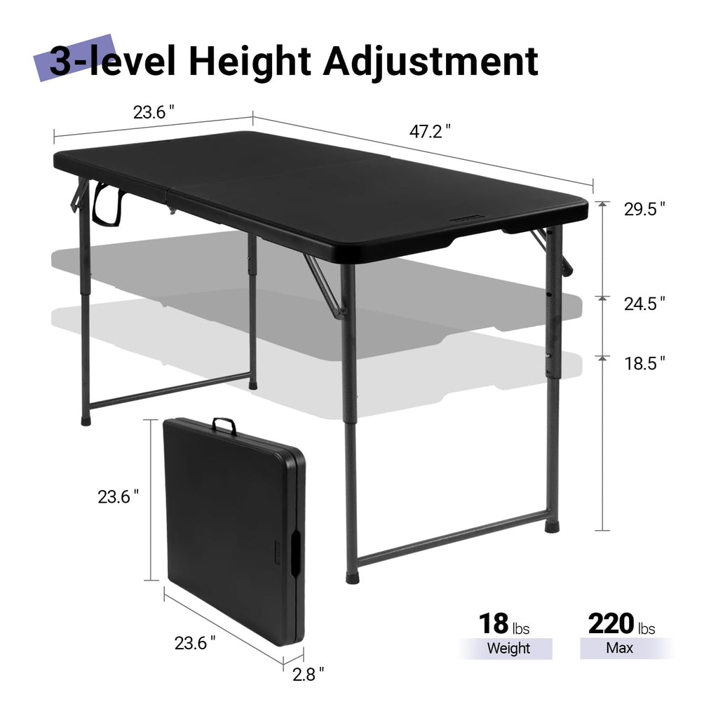 Folding Table 4 Foot, Adjustable Height Plastic Fold-in-Half Table, Black