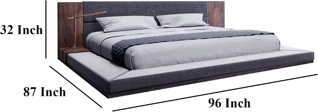 Noe Zen Japanese Low Profile Queen Bed w Nightstand- Dark Gray- Walnut