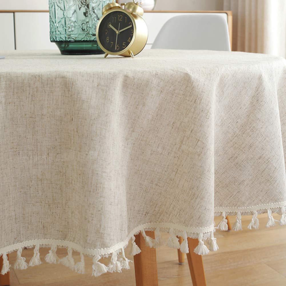 Cotton Linen Fabric Tassel Round Tablecloth Dust-Proof Table Cover Dinning Tabletop Home Decoration (60 Inch, Linen)