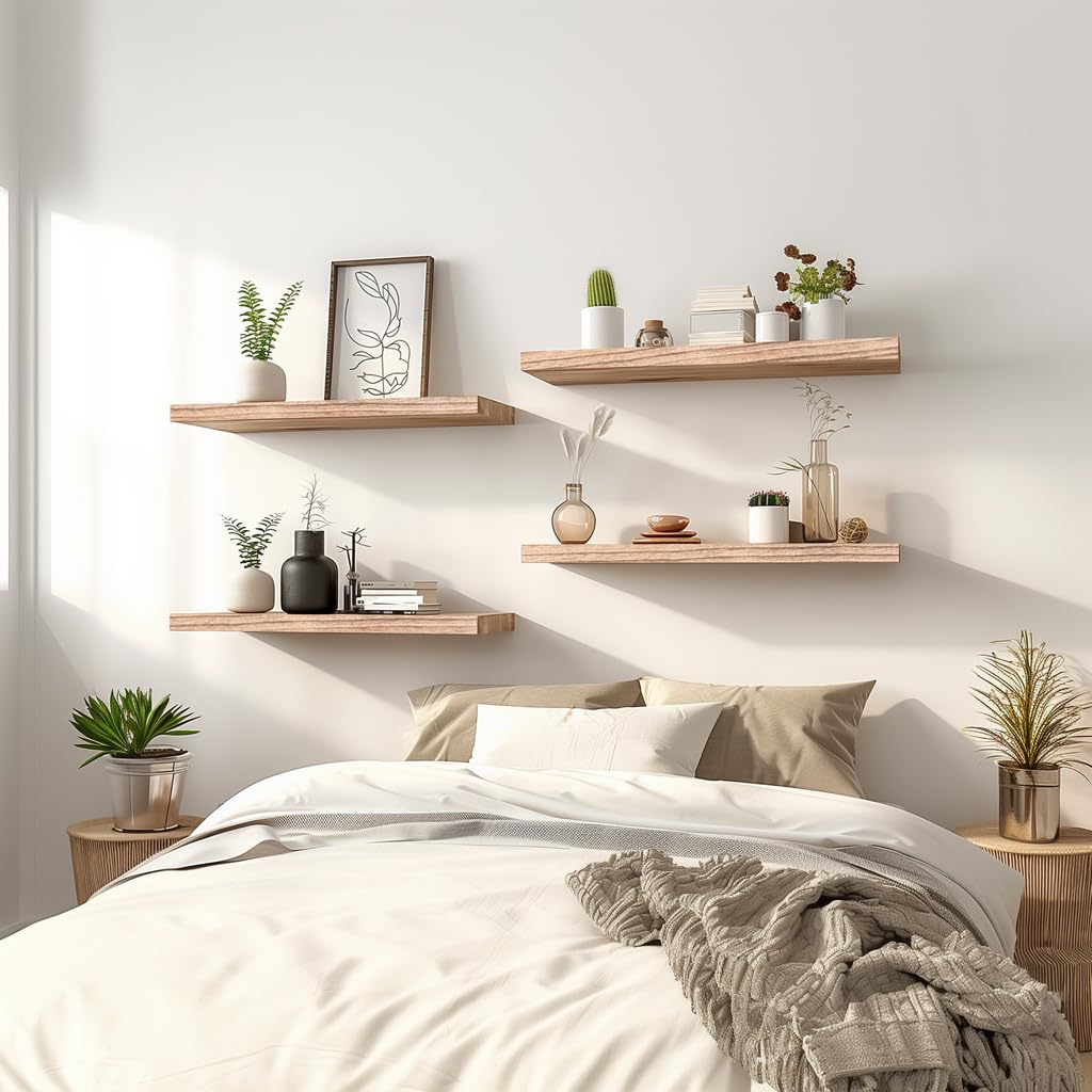 Light Wood Floating Shelves for Wall Rustic Wall Shelves Set of 6