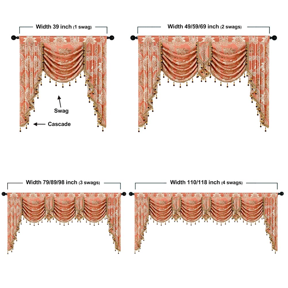 Golden Damask Jacquard Swag Waterfall Valance Luxury Curtain Valance Rod Pocket Valance (Damask-Coffee, W49 Inch, 1
