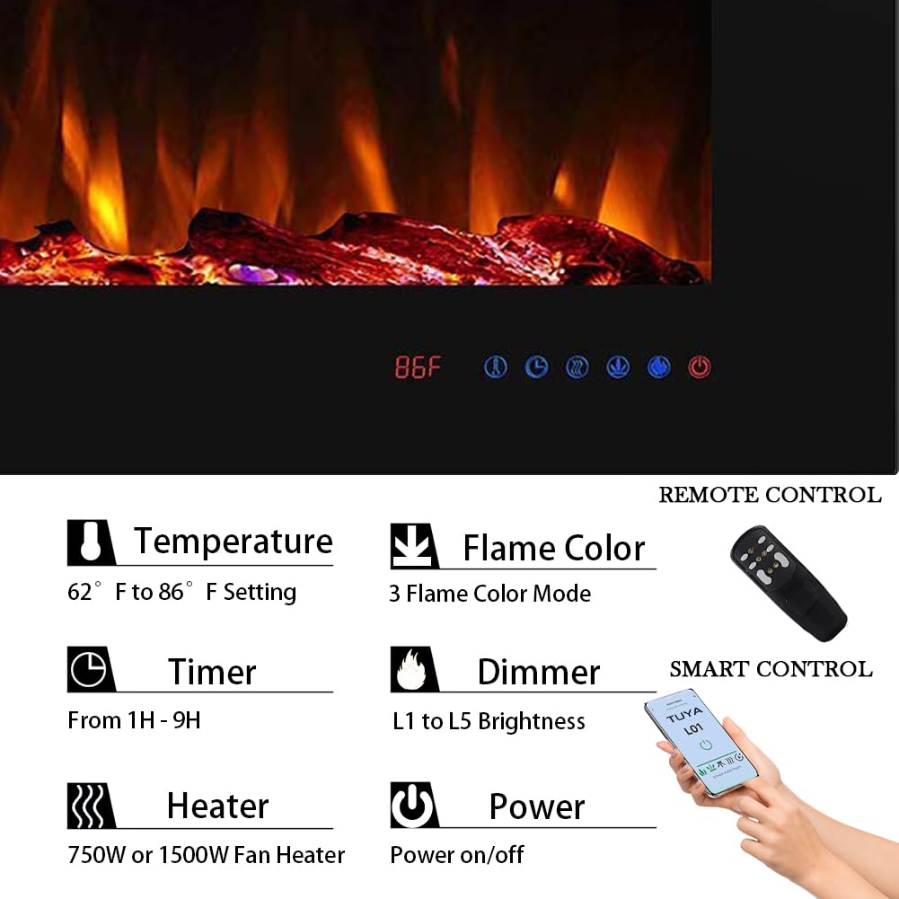 36" WiFi Smart Recessed Electric Fireplace Insert, 5 Flame Settings, Log Set or Crystal Options, Temperature Control