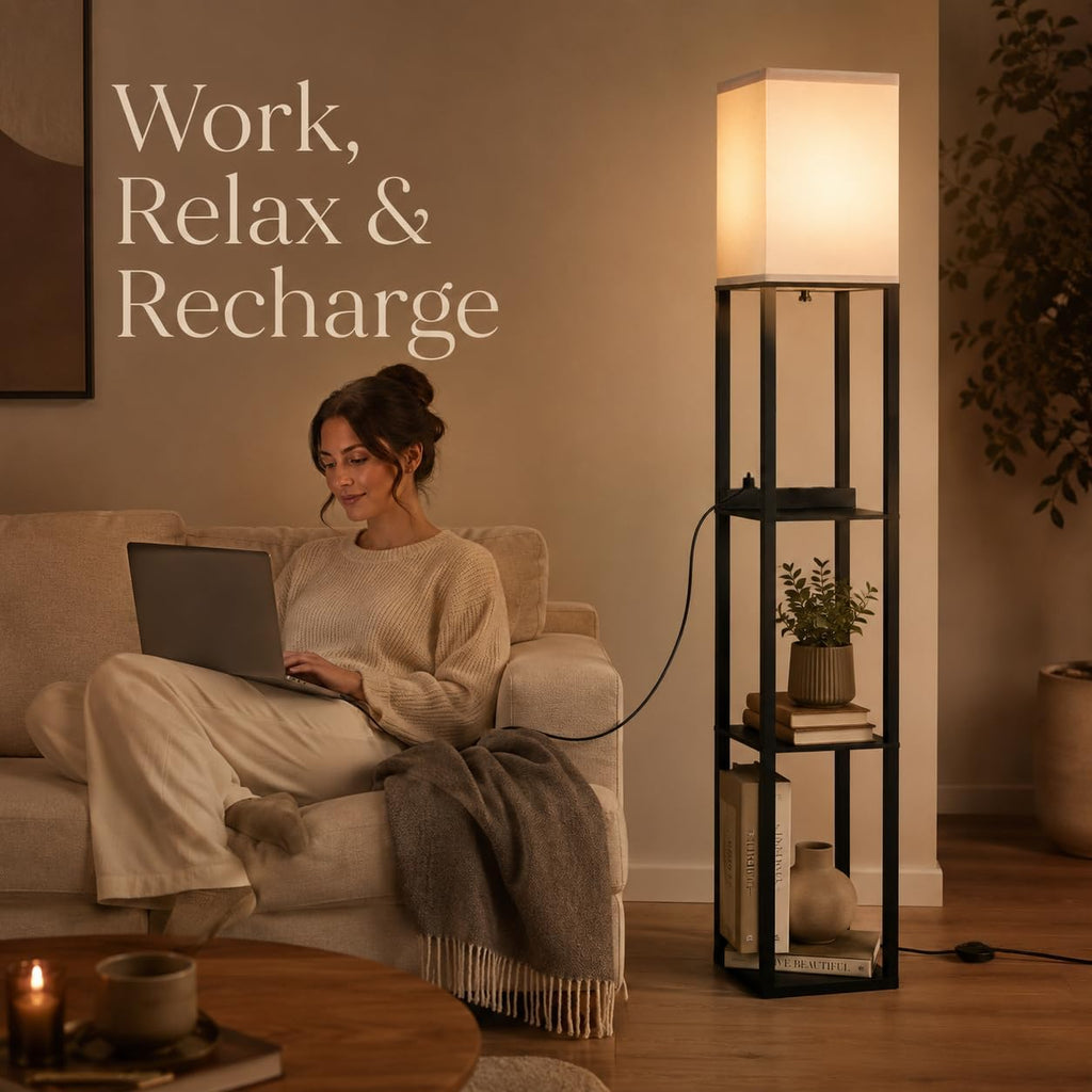 Solid Wood Floor Lamp with Shelves, Dimmable, Remote