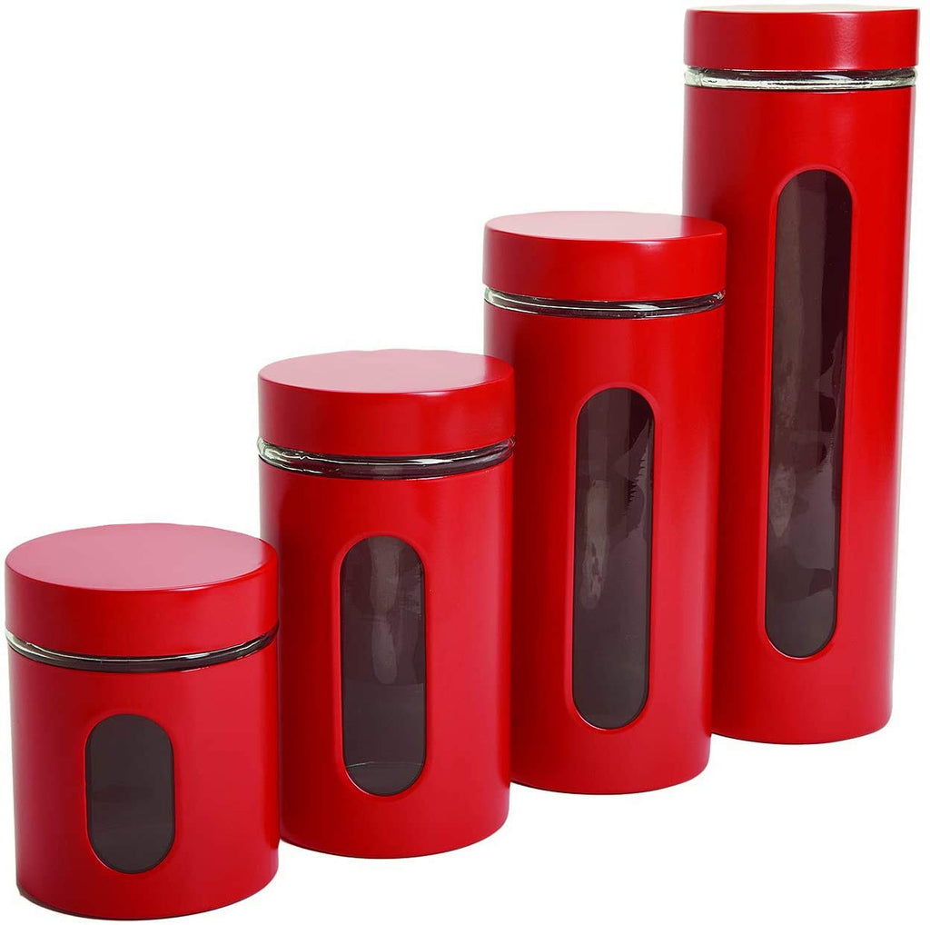 Quality Modern Red Stainless Steel Canister Set Counter with Glass Window & Airtight Lid - Food Storage Containers