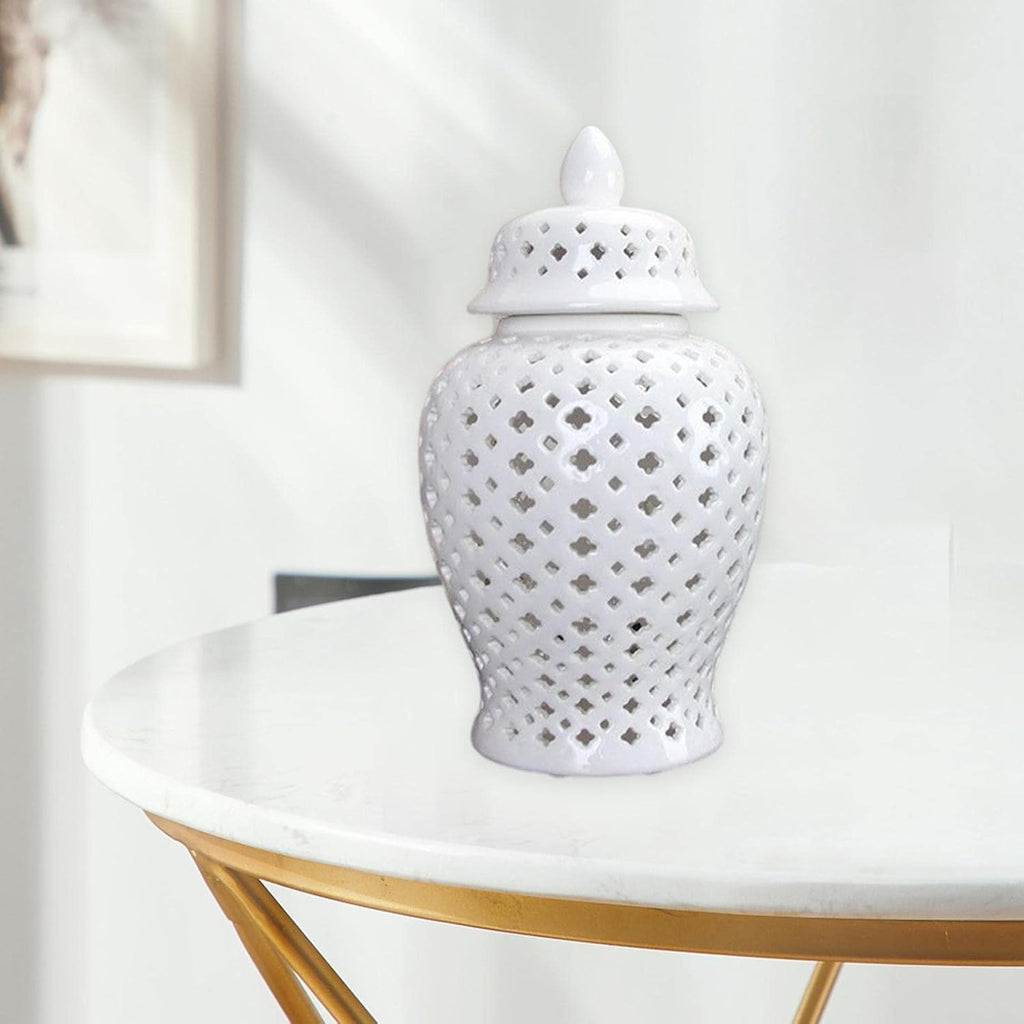 Ceramic Ginger Jar Display Lattice Hollow Vase Temple Storage Handicraft Ornament for Desktop Office Countertop Decor