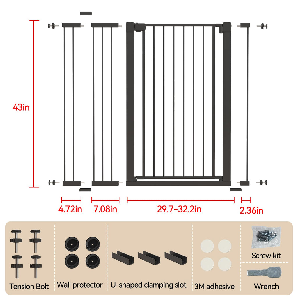 43 inch Tall Safety Baby Gate Adjustable 29.7-45.2inch Extra-Wide Metal Baby Gate Drill-Free Pressure-Mount
