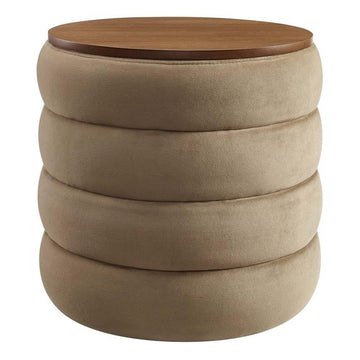 Mezzo Round Performance Velvet Storage Ottoman Stool in Taupe - Channel Tufted Ottoman - Upholstered Footrest