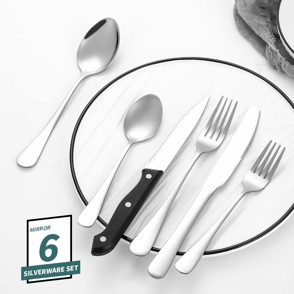 Modern Flatware Silverware Set for 4 Stainless Steel Cutlery 24 Pieces include Forks Spoons Knives Mirror Polished