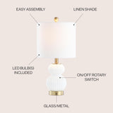 20" White/Brass Gold Ribbed Gourd Glass Table Lamp, Modern Bedside Lamp Living Room, White Linen Drum Shade