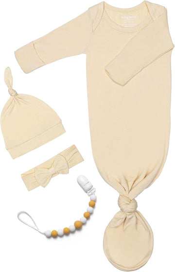 Newborn Baby Knotted Gown, Baby Girl and Boy Sleeping Bag with Mittens and Hat & Bowknot Set