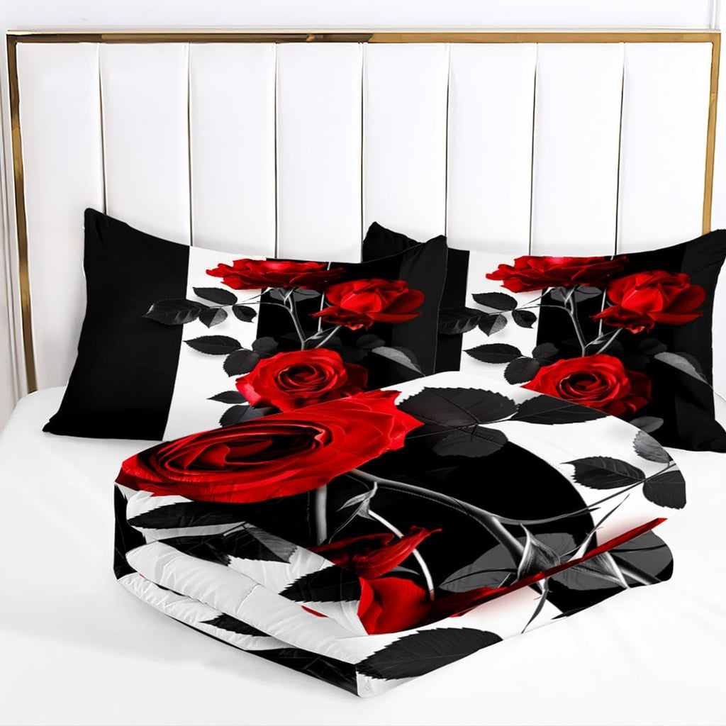 Rose Comforter Set King Black Red Bedding Set Striped Floral Bedding for Women Aesthetic Comforter with 2 Pillowcases
