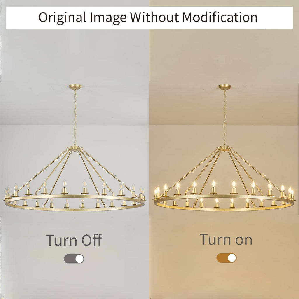 Gold Wagon Wheel Chandelier 53-Inch 24-Light, Extra Large Round Rustic Farmhouse Chandelier Metal Circle Chandeliers