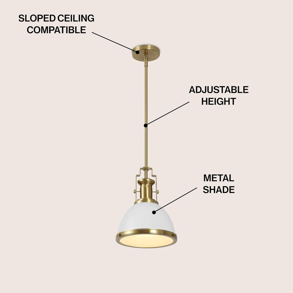 10" Brass Gold/White Modern Industrial Iron LED Dome Pendant Light, Adjustable Hanging Fixture for Kitchen Island or