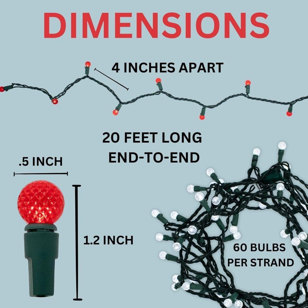 LED Christmas Tree Lights 60 Count, G12 Globe Indoor Outdoor String Lights, 20ft Green Wire Mini Ball, UL Certified