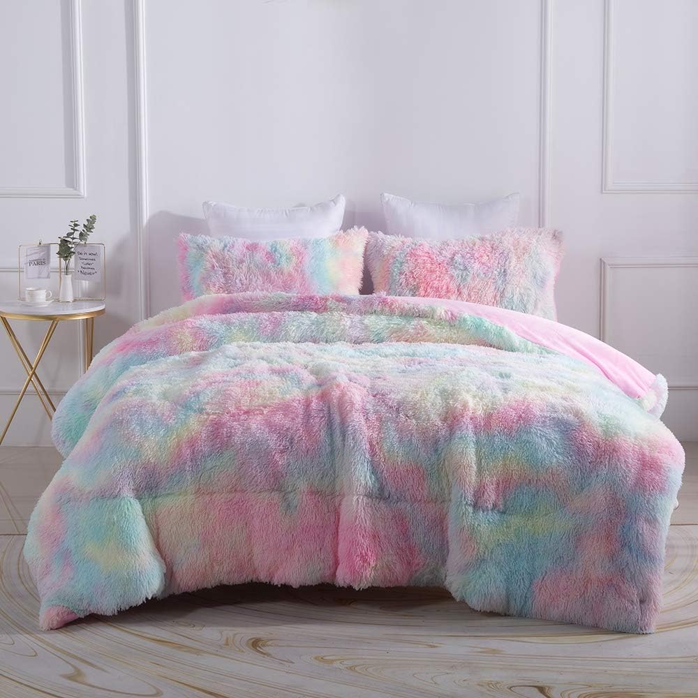 Faux Fur Plush Rainbow Comforter Set Fluffy Fuzzy Shaggy Bedding Set - 3PC Full Microfiber Soft Warm Quilt Set