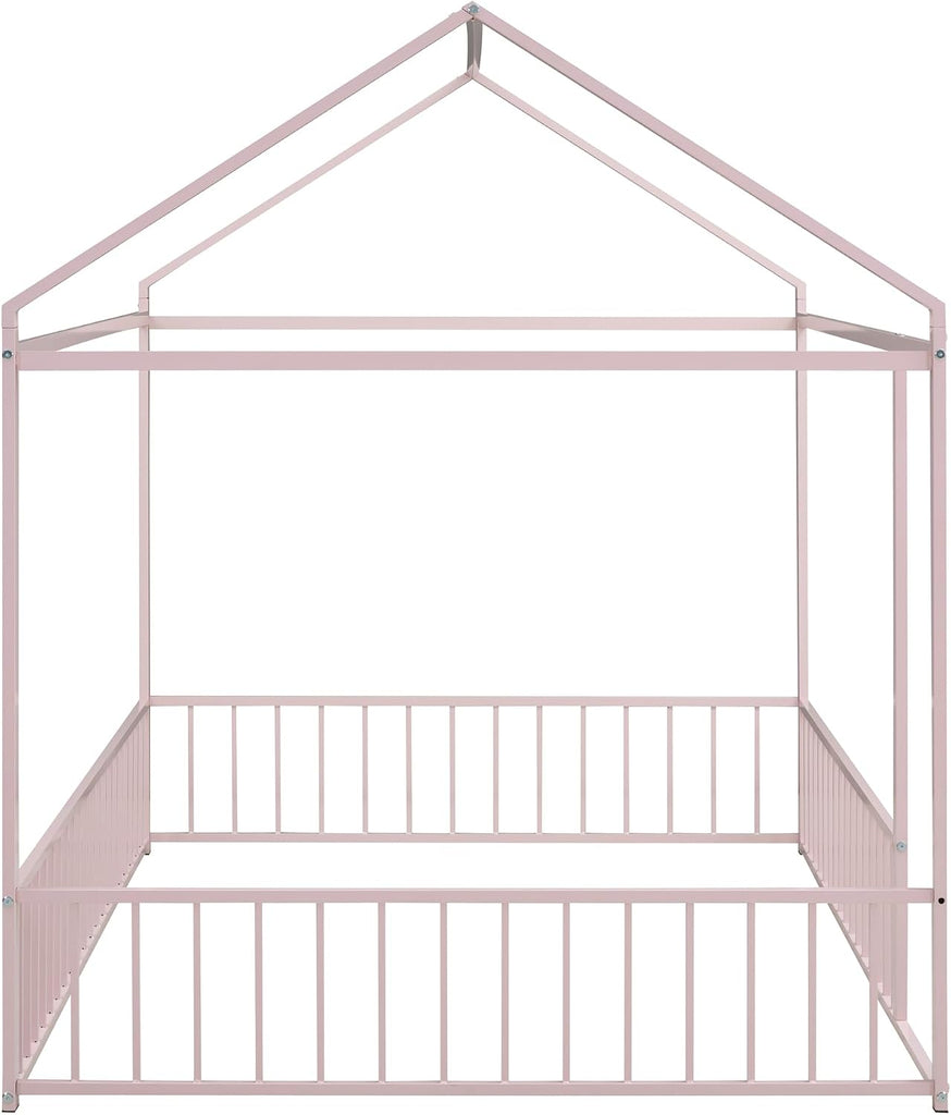 Floor Bed Frame with 13.2" HFull-Length Guardrails & Roof, Metal Montessori Floor Bed with Low