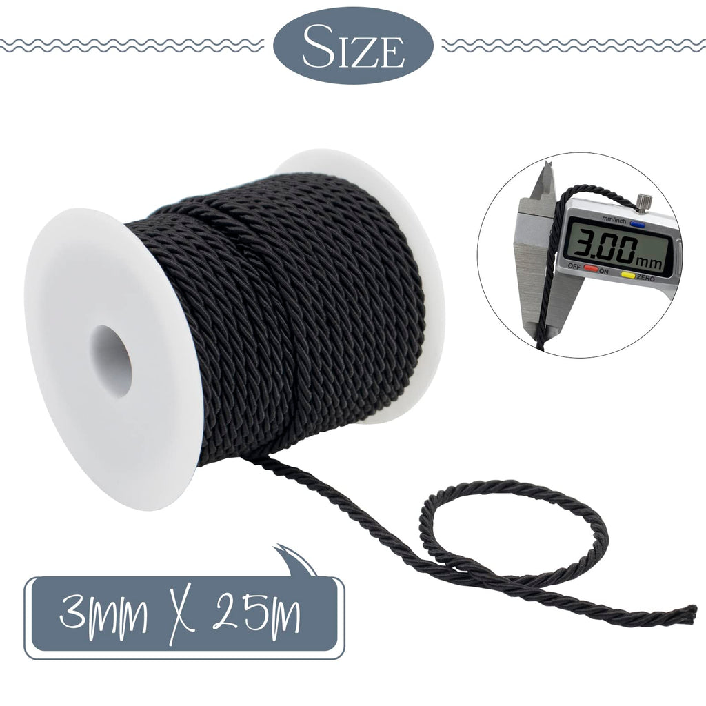 Twisted Silk Rope Cord, 3mm Black Satin Cord Trim Thick Decorative Rope, Cording for Crafts, Curtain - 27 Yards