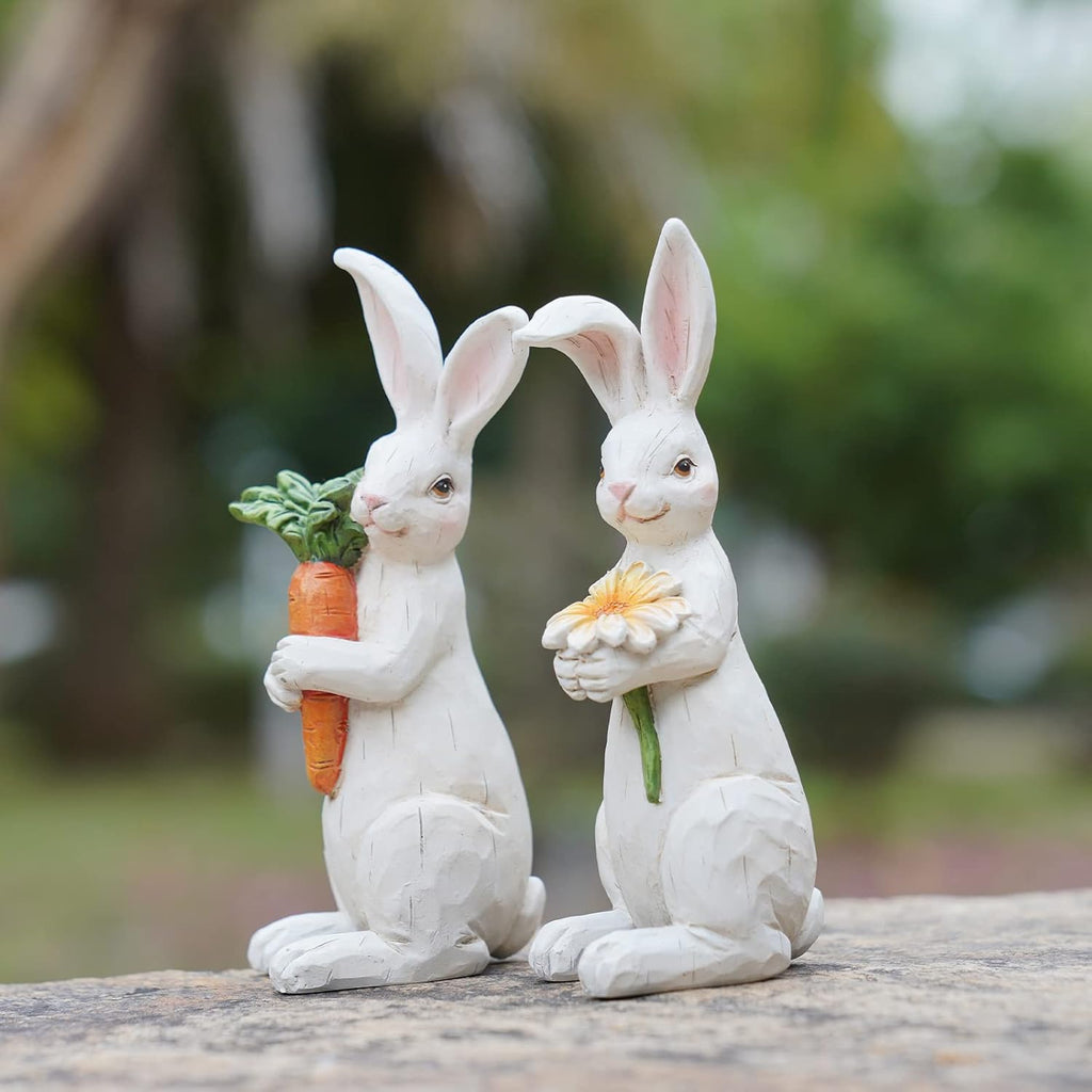 Easter-Decorations Bunny-Decor Spring-Figurines Table-Centerpiece - Spring Decorations Resin Rabbits with Carrot - Set of 2