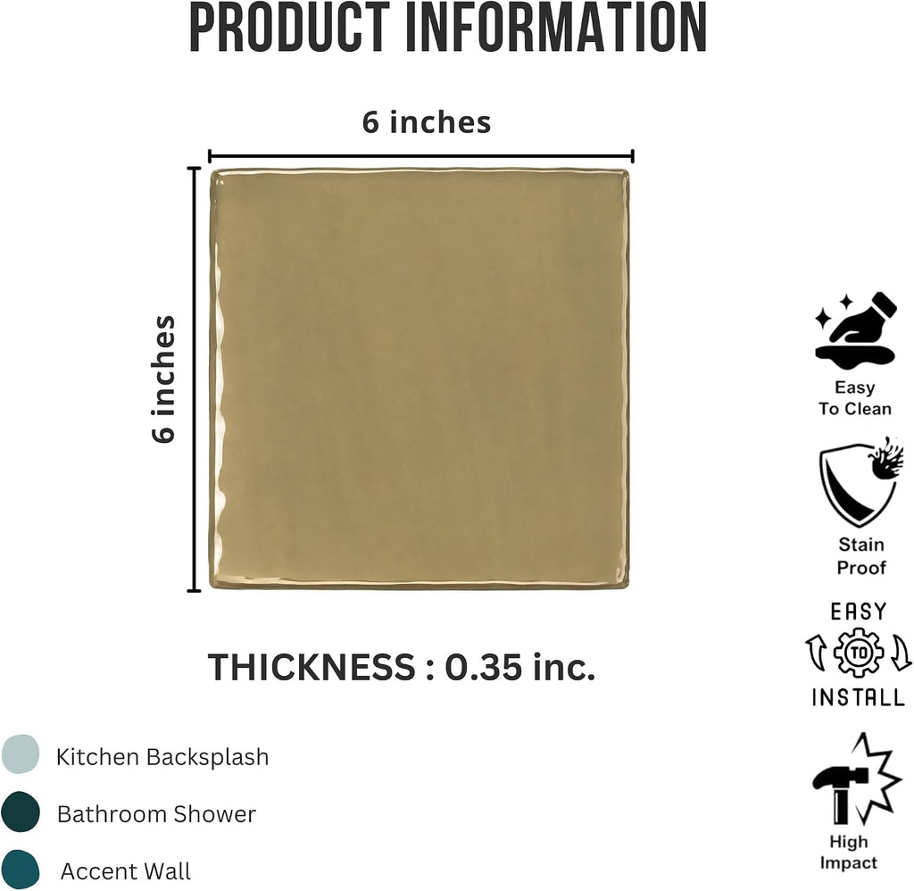6x6 Glossy Gold Ceramic Wall Tile, Handmade Look Square Tile Backsplash, Bathroom, Shower, Fireplace & Accent Wall (1