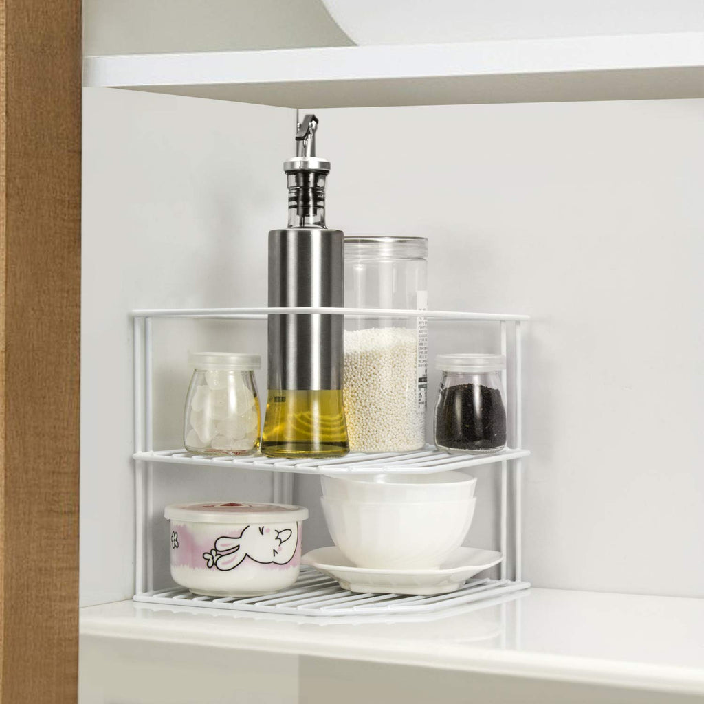 Kitchen Cupboard Organiser, 3 Tier White Corner Plate Rack Cupboard Storage - Cupboard Shelf Insert Organiser (Pack