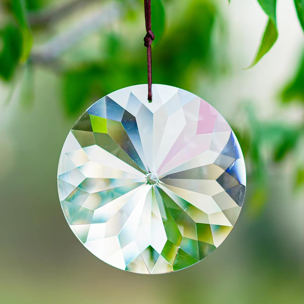 Bauhinia Hanging Faceted Crystals Large Window Prisms Suncatcher - 3inch Round Crystal Ornament, Window Hanging Decor