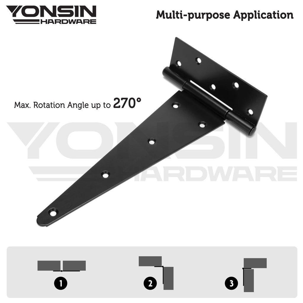 12" T-Strap Shed Door Hinges 6Pcs, Heavy Duty Black Tee Hings for Wooden Fence Gate, Outdoor T Hinges