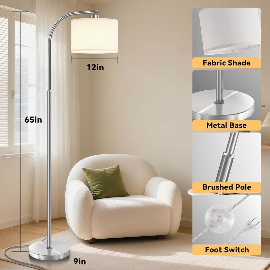 Floor Lamp,Modern Standing Lamps with 9W LED Bulb,65'' Silver Tall Floor Light with Fabric Shade,3 Color