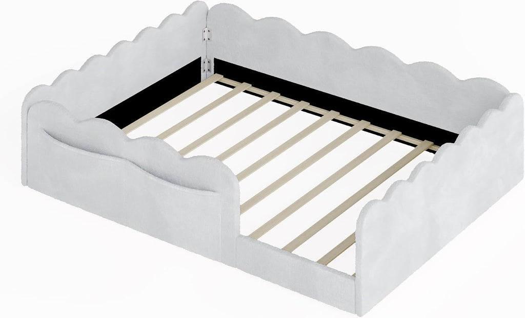 Upholstered Floor Bed with Guardrail, Montessori Kids Bed Frame with Round Fence, Light Gray