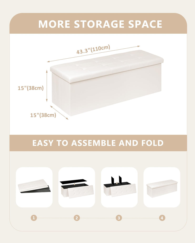 Folding Storage Ottoman Bench with Tray, Beige Faux Leather