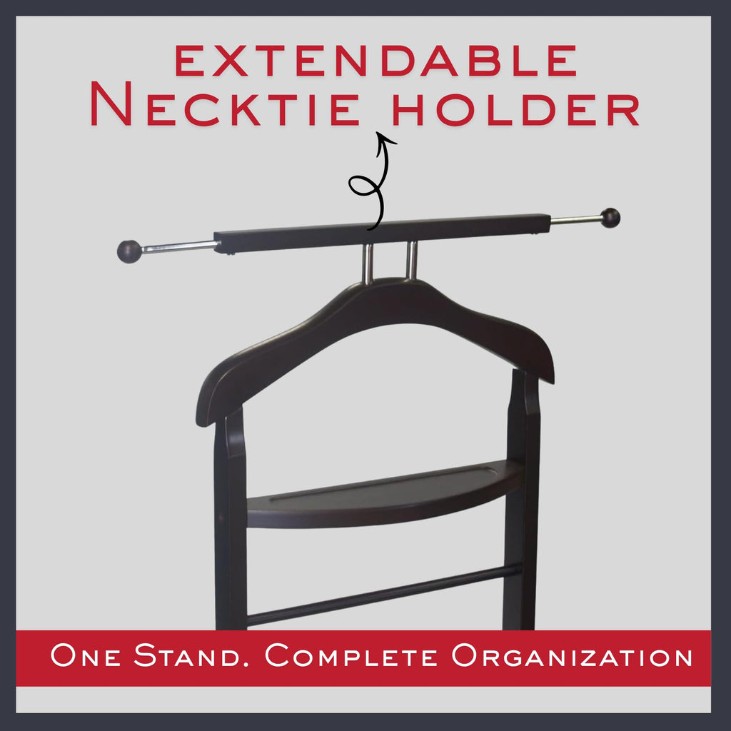 Wooden Suit Valet Stand with Hanger Trouser Bar Storage Tray Elegant Wardrobe Organizer for Men Bedroom Office
