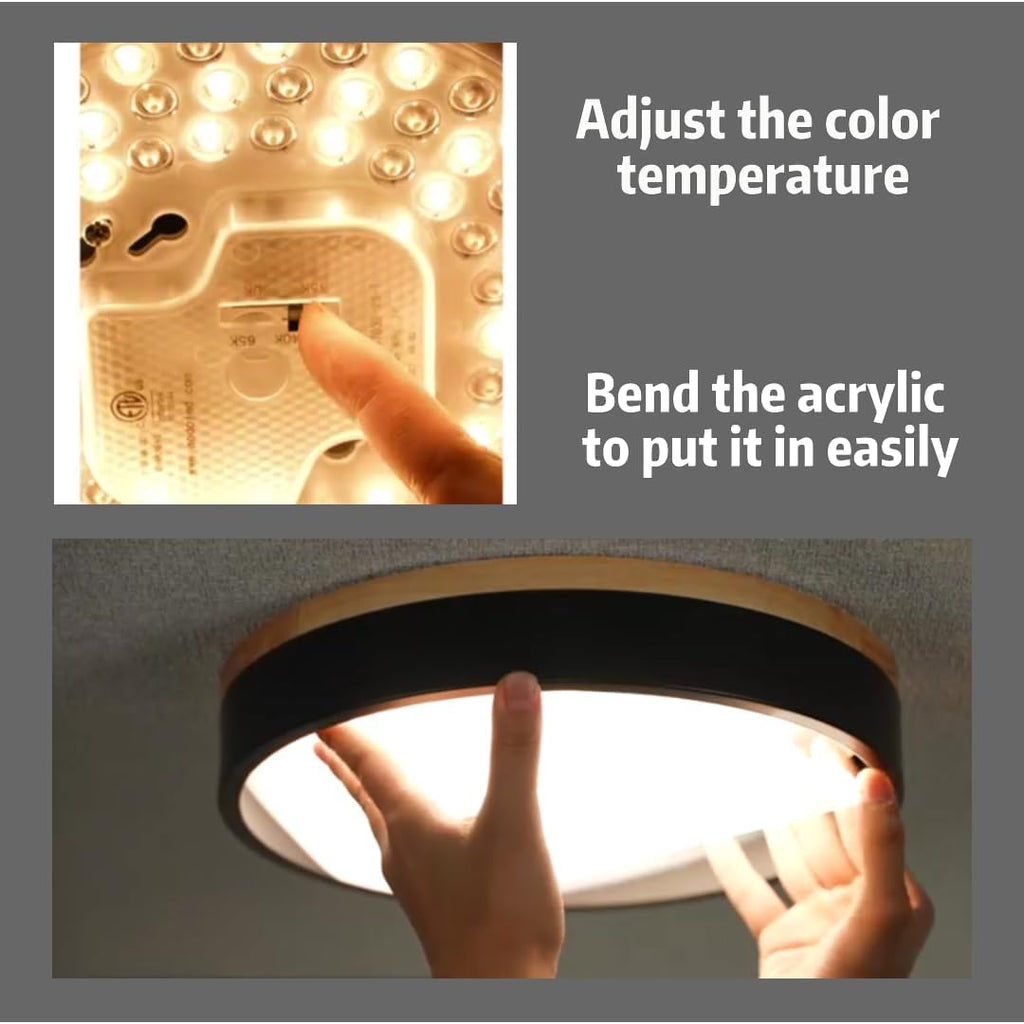 12" Modern Flush Mount Ceiling Light,Deep Wood and Black,1 PK | Close to Ceiling,5CCT 24W Dimmable LED,Bright Light