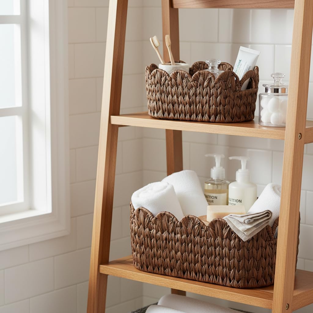 Wicker Scalloped Basket Set of 2,Woven Storage Baskets for Shelves,Closet,Laundry,Gift,Towels,Books,Toys,Waterproof