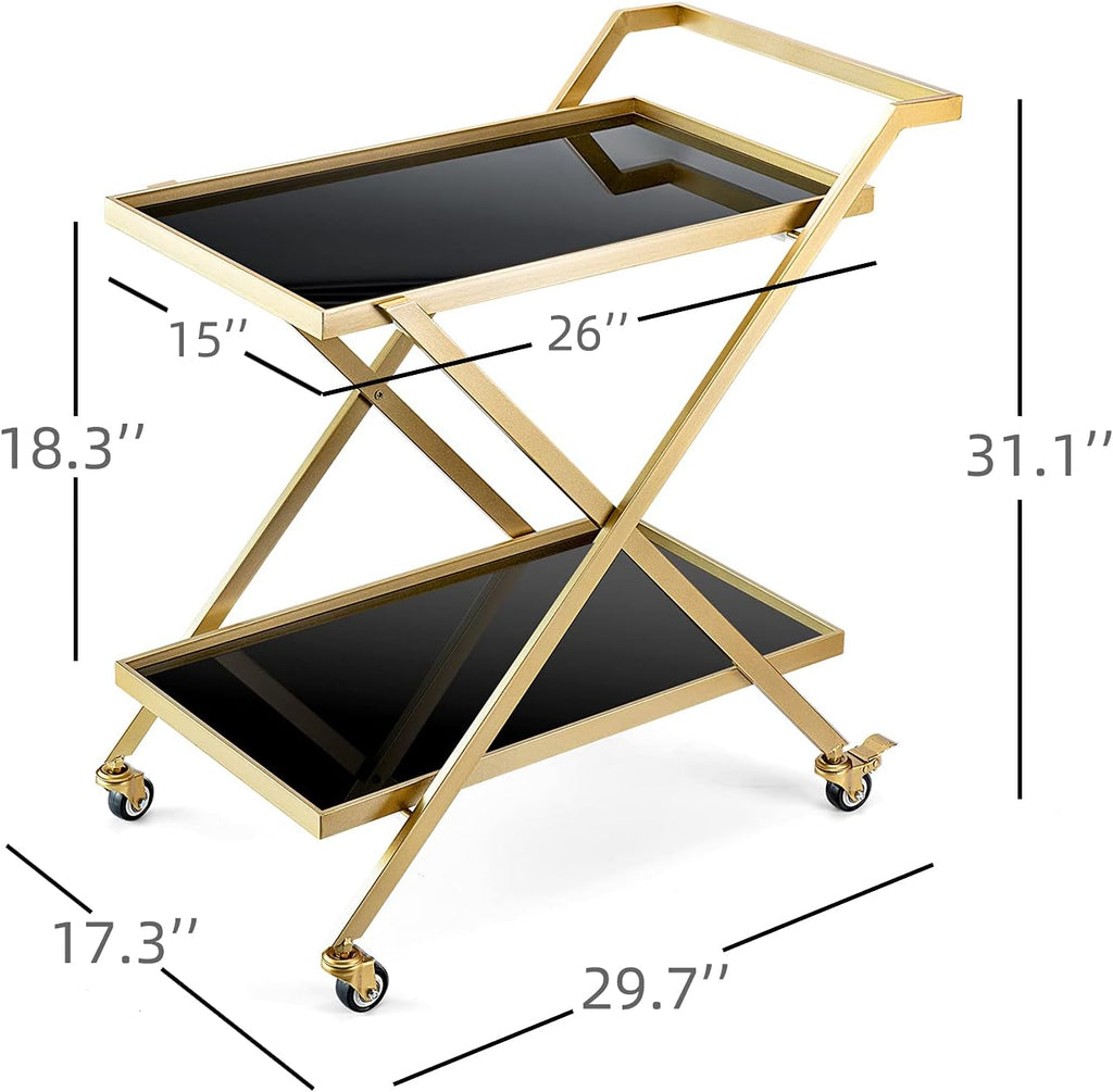 Gold Finish Bar Cart on Wheels, No-Tool Assembly 2-Tier Serving Cart with Black Tempered Glass Shelves & Locking