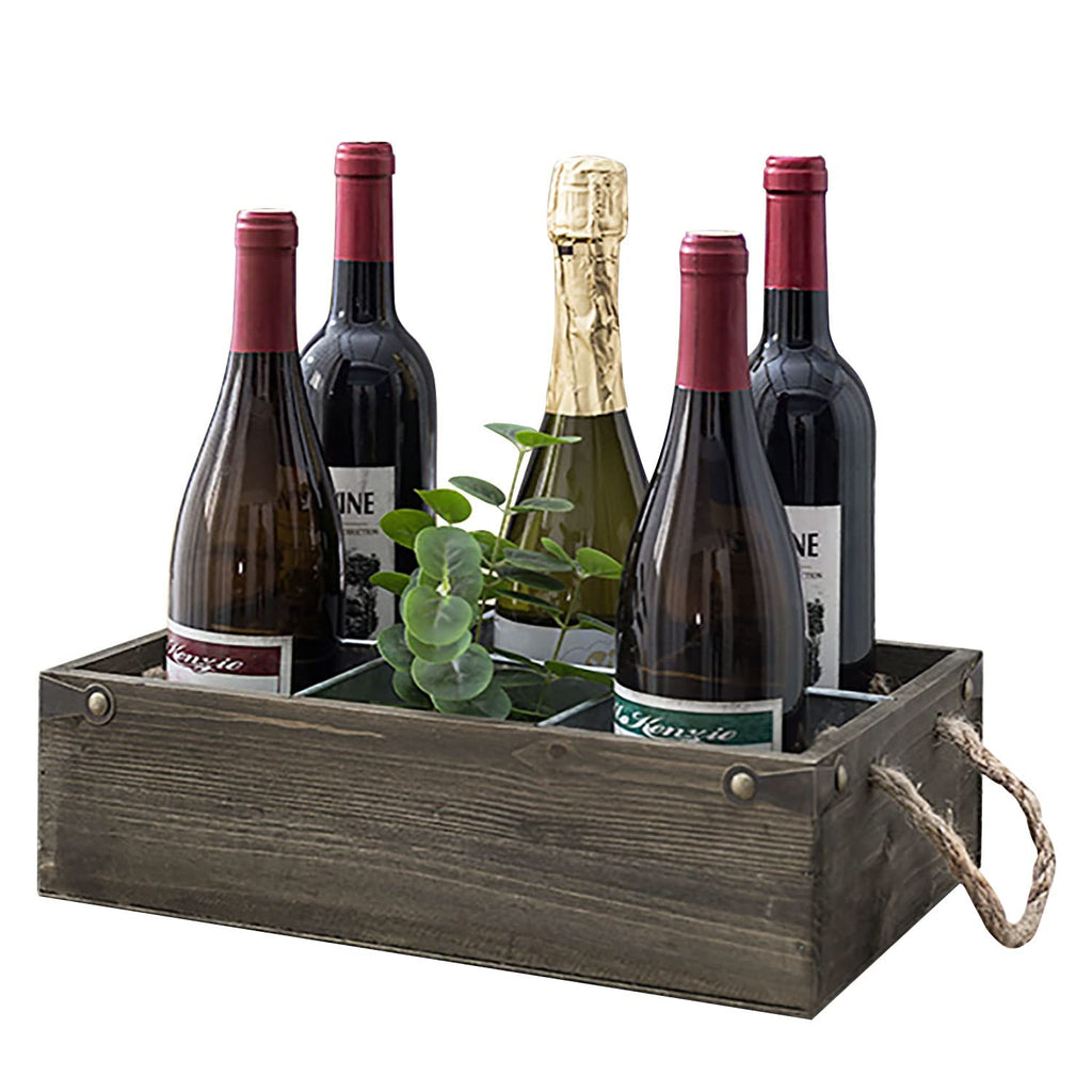 Rustic Solid Wood and Galvanized Multipurpose Organizer Caddy with 6 Metal Partition Divided Slots and Rope Handles